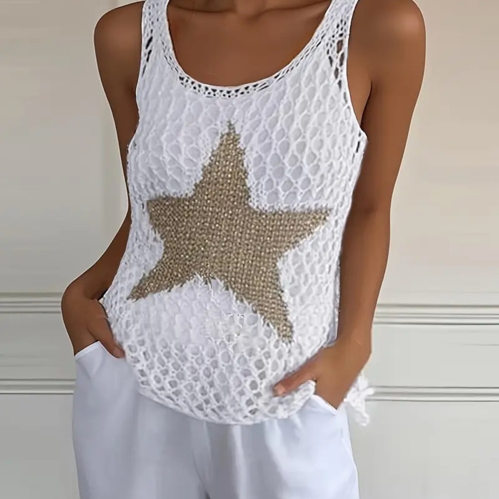 Star Crochet Top Knitted Mesh White With Metallic Accent Women's Plus Size XXL
